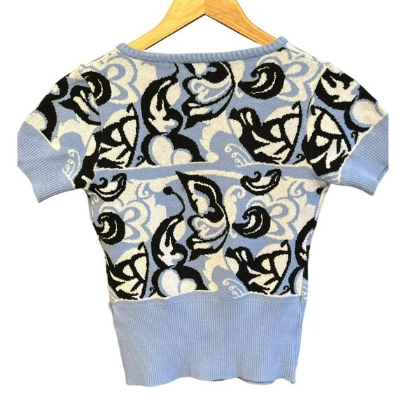 Y2K Bebe Blue Black Floral Knit Button-Front V-Neck Short-Sleeve Top Size M - Picture 4 of 6